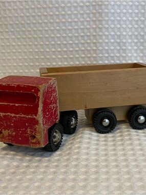 Vintage Stock Wooden Toys Red Semi Dump Truck Made In Canada Handcrafted #673